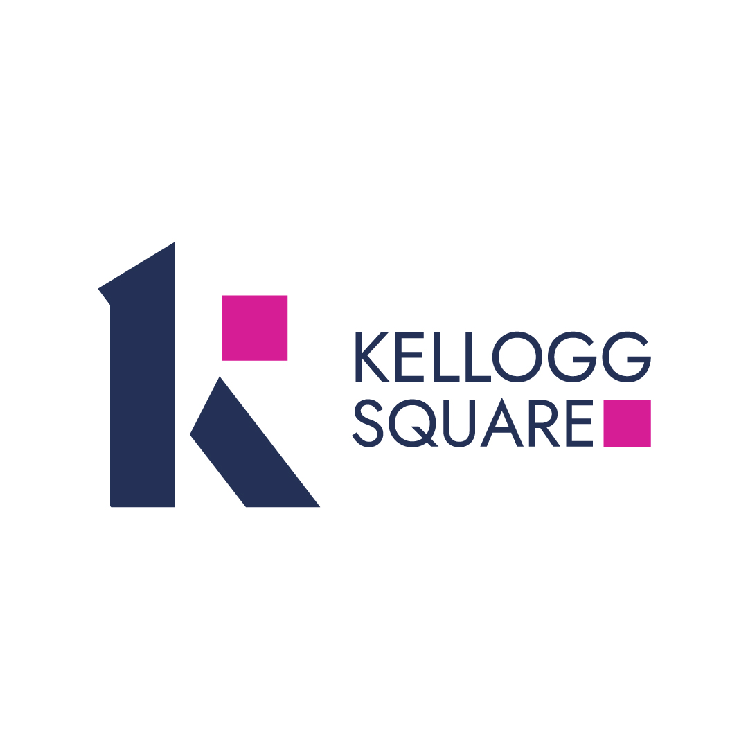 A graphic with a blue and pink design that says Kellogg Square.